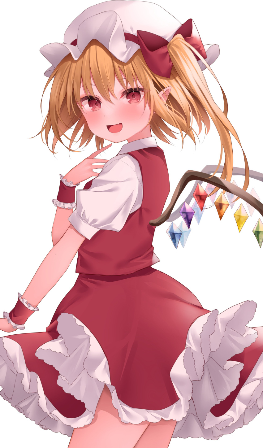 1girl :d absurdres bangs blonde_hair blush bow cowboy_shot crystal eyebrows_visible_through_hair fang flandre_scarlet frills hair_between_eyes hat hat_bow highres komomo_(ptkrx) looking_at_viewer looking_back mob_cap open_mouth petticoat pointy_ears puffy_short_sleeves puffy_sleeves red_bow red_eyes red_skirt red_vest shirt short_sleeves simple_background skin_fang skirt skirt_set smile solo standing thighs touhou vest white_background white_headwear white_shirt wings wrist_cuffs