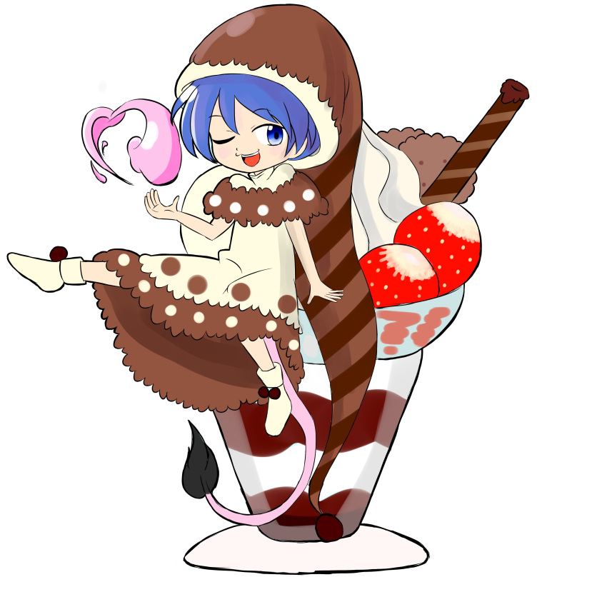 1girl absurdres alternate_color alternate_element blob blue_eyes blue_hair brown_capelet brown_dress brown_headwear capelet chocolate commentary_request doremy_sweet dream_soul dress food fruit hat highres ice_cream nightcap nightgown one_eye_closed open_mouth pom_pom_(clothes) short_hair sitting socks solo strawberry tail tapir_tail teeth touhou upper_teeth white_dress white_legwear zenji029