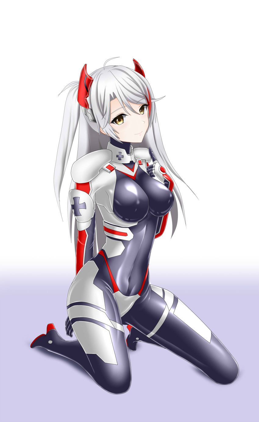 1girl absurdres antenna_hair azur_lane bodysuit breasts commission covered_navel cyborg-institute fortified_suit highres impossible_bodysuit impossible_clothes long_hair looking_at_viewer multicolored_bodysuit multicolored_clothes multicolored_hair muvluv muvluv_alternative orange_eyes pilot_suit prinz_eugen_(azur_lane) skeb_commission skin_tight smile solo streaked_hair two_side_up