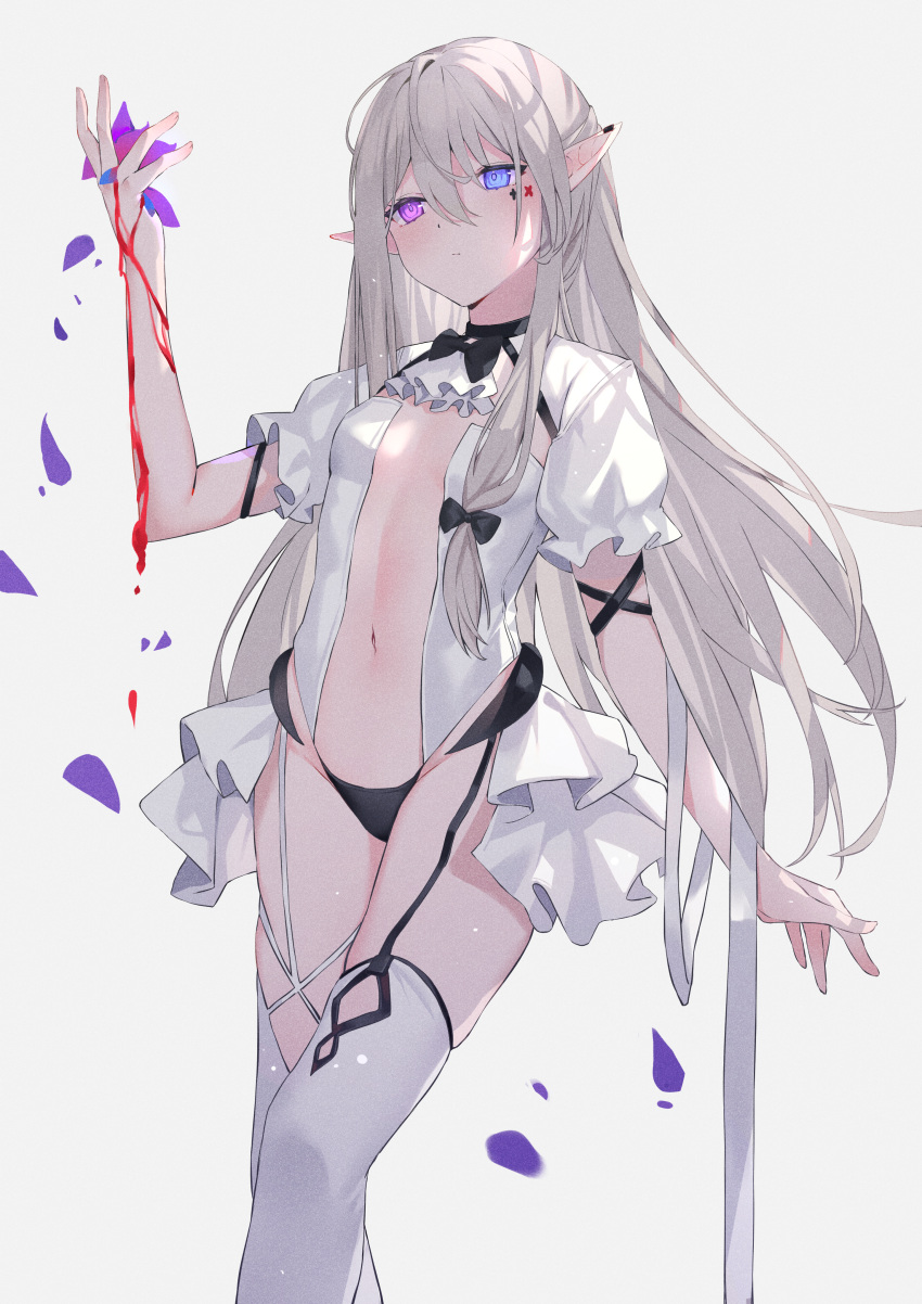 1girl absurdres ascot bangs black_bow black_bowtie black_panties blood_on_arm blue_eyes bow bowtie breasts closed_mouth elf expressionless facial_mark feet_out_of_frame flower grey_hair hair_between_eyes highres holding holding_flower long_hair looking_away navel original panties petals pointy_ears short_sleeves simple_background small_breasts solo standing thigh-highs underwear very_long_hair violet_eyes white_ascot white_background white_legwear xiao_lin_jiu