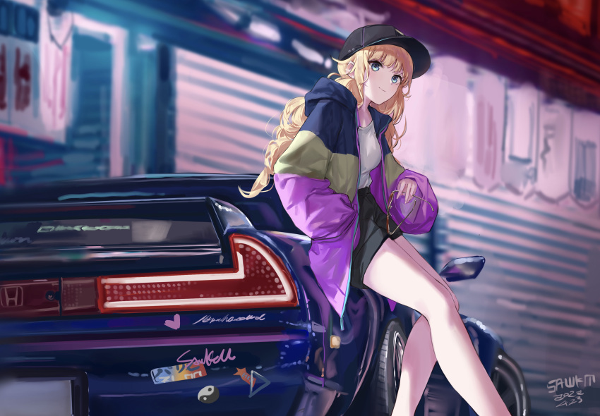 1girl absurdres bangs baseball_cap black_headwear black_shorts blonde_hair blue_eyes blush braid breasts car closed_mouth eyebrows_visible_through_hair eyewear_removed ground_vehicle hand_in_pocket hat highres holding holding_eyewear honda_nsx jacket leaning_back light_smile long_hair long_sleeves looking_at_viewer motor_vehicle multicolored_clothes multicolored_jacket open_clothes open_jacket outdoors paripi_koumei sawkm shirt shirt_tucked_in short_shorts shorts solo sticker thighs tsukimi_eiko twin_braids white_shirt