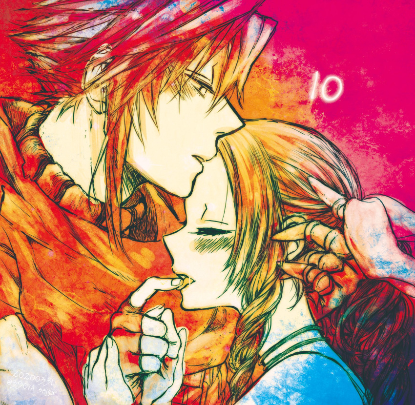 1boy 1girl 39cva aerith_gainsborough bangs blush braid braided_ponytail cape choker claws closed_eyes cloud_strife couple final_fantasy final_fantasy_vii fingerless_gloves gloves hair_ribbon hand_in_another's_hair highres holding_hands kingdom_hearts licking licking_finger limited_palette parted_bangs pink_background red_cape ribbon sidelocks sleeveless sleeveless_turtleneck spiky_hair turtleneck upper_body wavy_hair