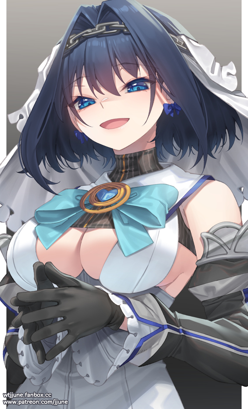1girl :d absurdres bangs black_gloves blue_bow blue_eyes blue_hair bow bow_earrings breasts chain cleavage_cutout clothing_cutout commentary detached_sleeves earrings eyebrows_visible_through_hair gloves gradient gradient_background hair_between_eyes hair_intakes head_chain highres hololive hololive_english jewelry jjune large_breasts long_sleeves looking_at_viewer open_mouth ouro_kronii pillarboxed shirt short_hair smile solo steepled_fingers striped upper_body veil vertical_stripes virtual_youtuber web_address white_shirt