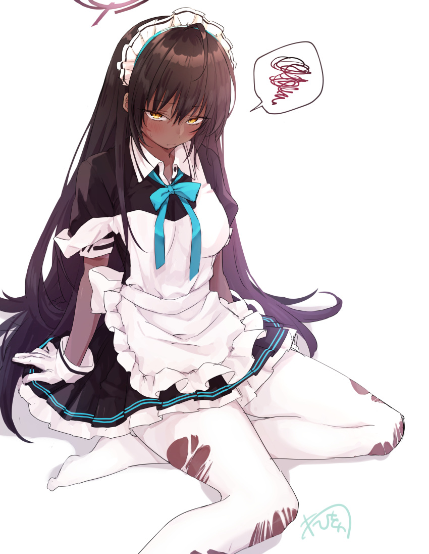 1girl apron bangs black_dress black_hair blue_archive blush breasts closed_mouth commentary dark_skin dress frilled_dress frills gloves gradient_hair hair_between_eyes halo highres honotai karin_(blue_archive) long_hair looking_at_viewer maid maid_headdress multicolored_hair off_shoulder pantyhose purple_hair signature sitting solo spoken_squiggle squiggle sweat torn_clothes torn_legwear white_apron white_gloves white_legwear yellow_eyes