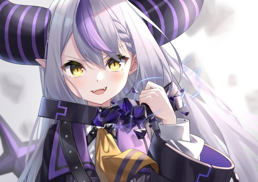 &gt;:) 1girl :d ahoge ascot bangs black_coat black_collar black_horns blurry blurry_background blush braid braided_bangs breaking broken broken_collar coat collar commentary_request crossed_bangs cuffs demon_horns eyebrows_visible_through_hair eyelashes fangs hand_up highres holding holding_collar hololive horns la+_darknesss layered_sleeves long_hair long_sleeves multicolored_hair o-ring open_mouth pale_skin pointy_ears purple_hair purple_horns sidelocks smile solo streaked_hair striped_horns teeth tsurupy upper_body upper_teeth v-shaped_eyebrows very_long_hair virtual_youtuber white_background yellow_ascot yellow_eyes