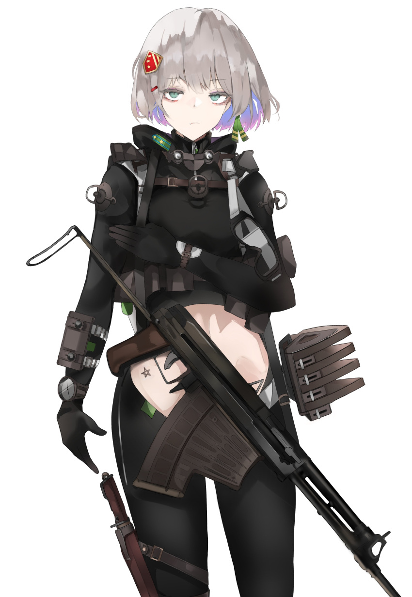1girl abs absurdres aps_rifle assault_rifle blue_eyes center_opening commentary_request girls_frontline gloves grey_hair gun highres knife knife_holster original pz-15 rifle solo star_tattoo tactical_clothes tattoo watch watch weapon