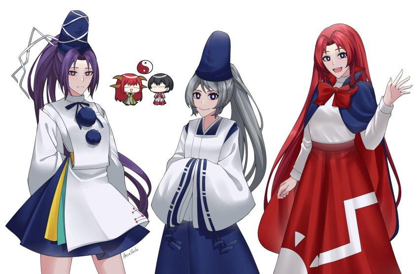 1boy 4girls :| arms_behind_back aroevela black_hair blue_cape blue_eyes blue_hakama blue_pants blue_ribbon blue_skirt breasts cape chibi closed_mouth commentary_request cosplay detached_sleeves forehead grey_hair hakama hakama_pants hands_in_opposite_sleeves hat hat_ribbon highres hong_meiling hong_meiling_(cosplay) horns japanese_clothes kariginu long_hair long_skirt long_sleeves meira_(touhou) mononobe_no_futo mononobe_no_futo_(cosplay) multiple_girls neck_ribbon pants pom_pom_(clothes) purple_hair red_hakama redhead ribbon shingyoku_(female) shingyoku_(male) shingyoku_(touhou) shingyoku_(touhou)_(cosplay) shirt short_hair simple_background skirt small_breasts smile sun_print tate_eboshi thighs touhou touhou_(pc-98) turtleneck upper_body very_long_hair violet_eyes white_background white_ribbon white_shirt white_tabard wide_sleeves