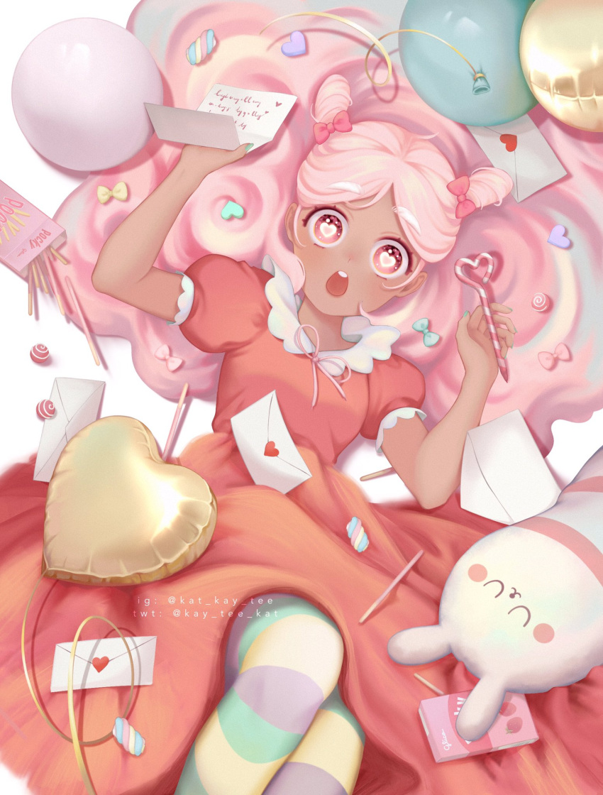 1girl balloon bangs bow candy chestnut_mouth cookie_run cotton_candy_cookie dark-skinned_female dark_skin double_bun dress food frills hair_bow hair_ornament heart heart-shaped_pupils heart_balloon heart_hair_ornament highres holding holding_letter holding_pen instagram_username kay_tee_kat knees_up letter long_dress long_hair looking_at_viewer lying nail_polish on_back open_mouth parted_bangs pen pink_eyes pink_hair pocky puffy_short_sleeves puffy_sleeves ribbon short_sleeves solo striped striped_legwear stuffed_animal stuffed_bunny stuffed_toy symbol-shaped_pupils twitter_username very_long_hair