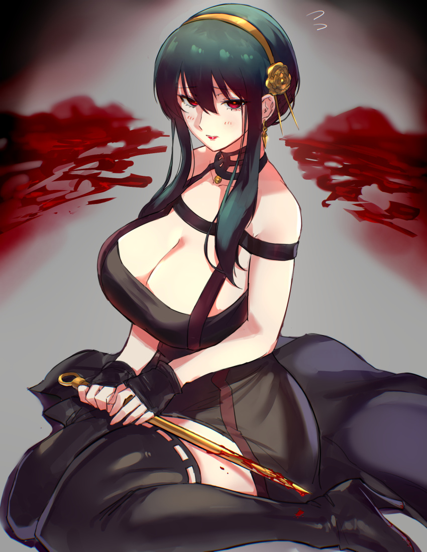 1girl black_dress black_hair blood blood_on_weapon breasts cleavage_cutout clothing_cutout dagger dress earrings gold_earrings gold_hairband great_pyrenees highres holding holding_dagger holding_weapon jewelry knife large_breasts negresco rose_hair_ornament short_hair_with_long_locks solo spy_x_family two-sided_dress two-sided_fabric weapon yor_briar