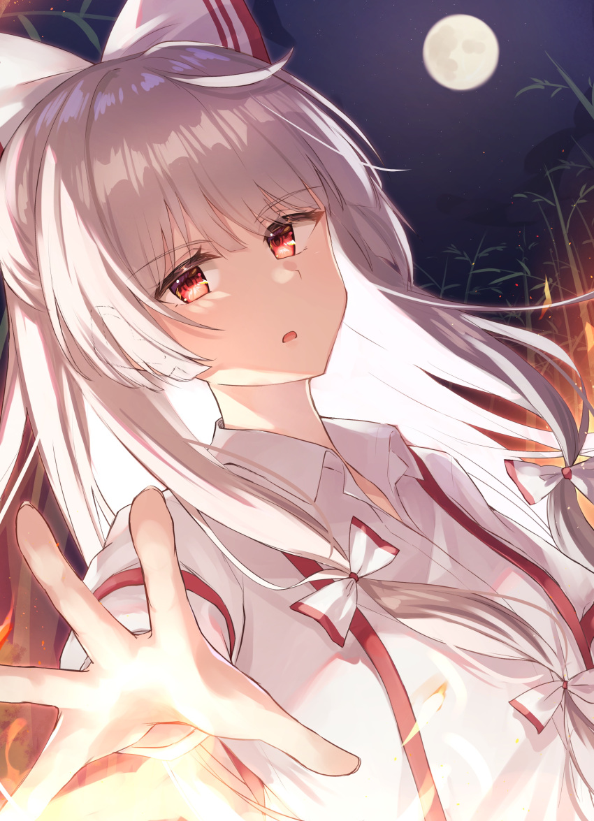 1girl absurdres ameria_(artist) arm_up bamboo bamboo_forest bangs bow breasts collared_shirt commentary_request eyebrows_visible_through_hair eyes_visible_through_hair fire forest fujiwara_no_mokou full_moon grey_hair hair_between_eyes hand_up highres leaf long_hair long_sleeves looking_at_viewer medium_breasts moon multicolored_bow nature night night_sky open_mouth puffy_long_sleeves puffy_sleeves purple_sky red_bow red_eyes shirt sky solo star_(sky) touhou upper_body white_bow white_hair white_shirt