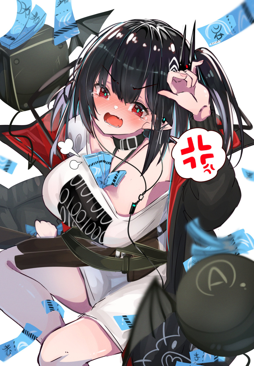 1girl absurdres anger_vein arknights arm_up bangs belt black_coat black_hair blush breasts closure_(arknights) coat collarbone creature embarrassed eyebrows_visible_through_hair fang fangs full-face_blush highres invisible_chair kurarome large_breasts long_hair long_sleeves looking_at_viewer lungmen_dollar money no_pants off-shoulder_shirt off_shoulder one_side_up open_clothes open_coat open_mouth pointy_ears red_eyes shirt simple_background sitting skin_fang solo speech_bubble spoken_anger_vein tearing_up tears v-shaped_eyebrows white_background white_shirt