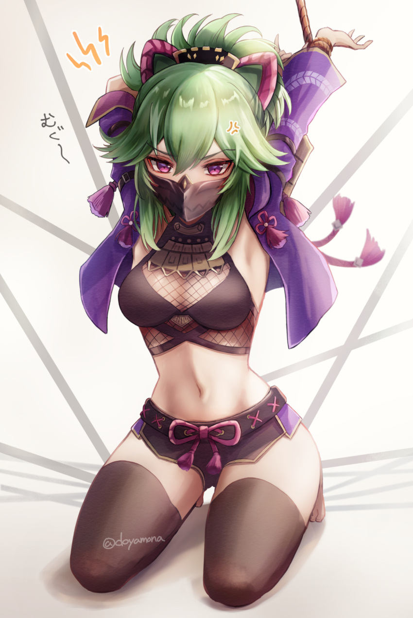 1girl anger_vein arms_up black_legwear black_mask bound bound_wrists breasts crop_top cropped_jacket doyamona genshin_impact green_hair hair_between_eyes hair_ornament highres jacket kneeling kuki_shinobu long_hair looking_at_viewer mask midriff mouth_mask navel open_clothes open_jacket ponytail purple_jacket restrained short_shorts shorts solo thigh-highs violet_eyes