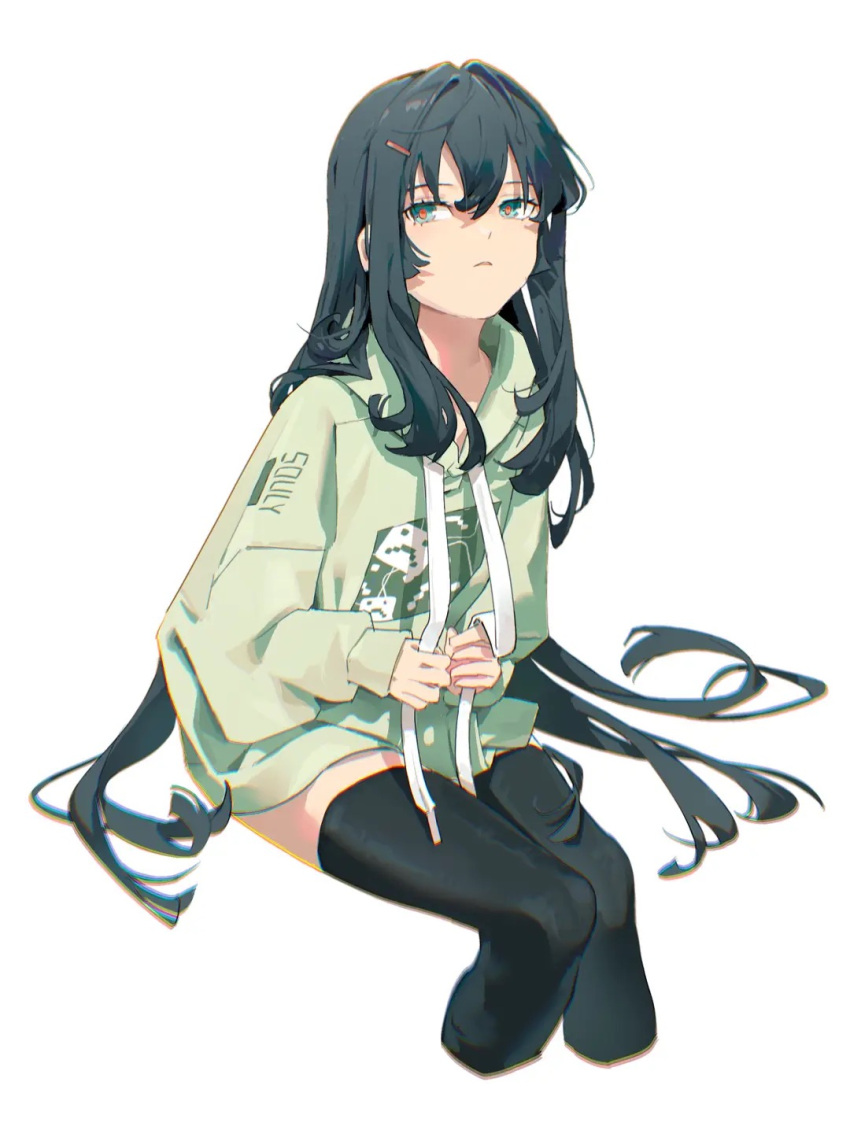 1girl baggy_clothes bangs black_legwear blue_eyes blue_hair closed_mouth commentary_request cropped_legs drawstring grabbing green_hoodie hair_between_eyes hair_ornament hair_spread_out hairclip highres hood hood_down hoodie jadedata long_hair long_sleeves looking_to_the_side original oversized_clothes sidelocks simple_background sitting solo symbol_in_eye thigh-highs very_long_hair white_background zettai_ryouiki