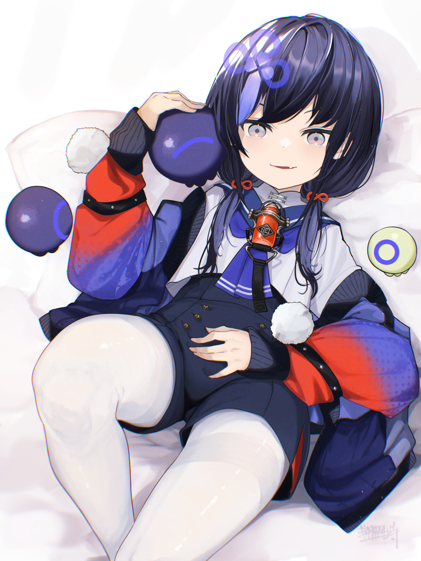 1girl absurdres bangs black_hair blue_hair blue_jacket blue_neckerchief blue_sailor_collar blue_shorts blueberry crop_top fang food fruit gradient gradient_jacket grey_eyes grey_hair hand_on_own_stomach highres jacket legwear_under_shorts long_hair long_sleeves looking_at_viewer low_twintails lying multicolored_hair neckerchief nijisanji off_shoulder on_back pantyhose pom_pom_(clothes) ponto_nei sailor_collar senzaicha_kasukadoki shirt shorts skin_fang sleeves_past_wrists smile smug solo streaked_hair twintails virtual_youtuber white_legwear white_shirt