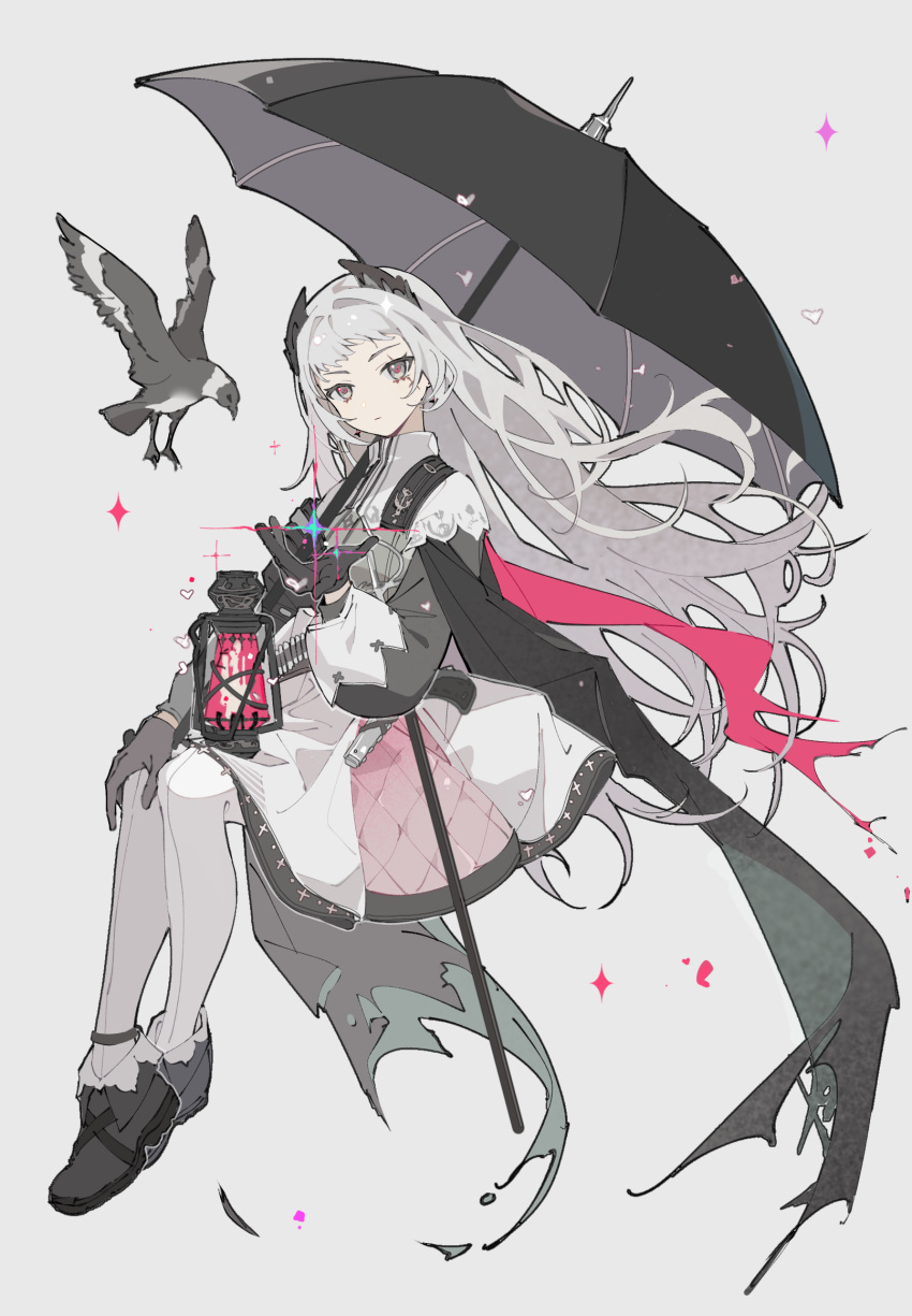 1girl arknights bird black_footwear black_gloves black_umbrella closed_mouth dress earrings full_body gloves grey_background grey_eyes grey_hair gun hand_on_own_knee handgun head_wings highres irene_(arknights) jewelry lantern long_hair long_sleeves pantyhose rapier scar scar_across_eye shemika98425261 simple_background sparkle sword torn_clothes umbrella very_long_hair weapon