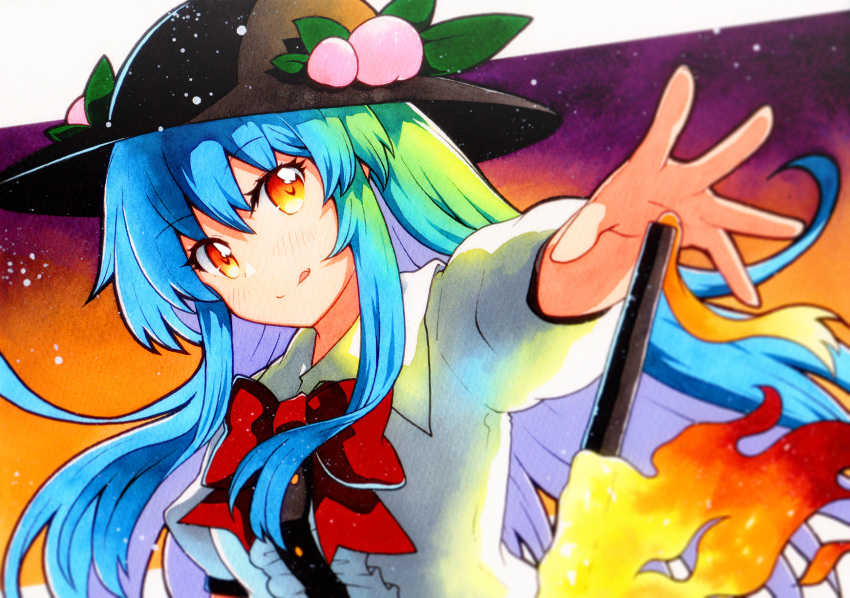 1girl :q black_headwear blue_hair blurry bow bowtie depth_of_field fire food foreshortening fruit hat highres hinanawi_tenshi leaf long_hair looking_at_viewer orange_eyes peach puffy_short_sleeves puffy_sleeves qqqrinkappp red_bow red_eyes short_sleeves solo sword_of_hisou tongue tongue_out touhou upper_body