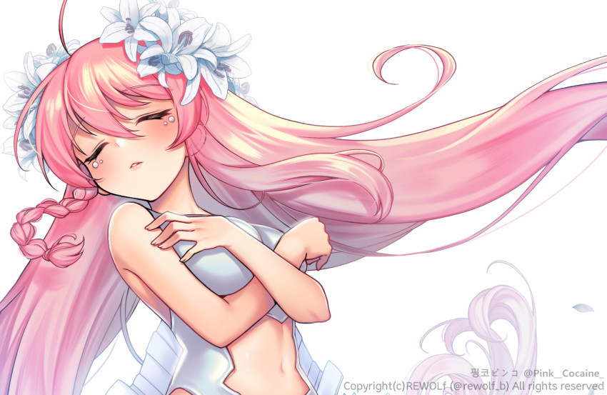 1girl artist_name bangs blush braid breasts character_name closed_eyes clothing_cutout crossed_arms floating_hair flower hair_flower hair_ornament indie_virtual_youtuber korean_commentary leaning_back leotard long_hair medium_breasts navel parted_lips pinco_(vtuber) rewolf side_braid solo stomach_cutout twitter_username very_long_hair white_background white_flower white_leotard