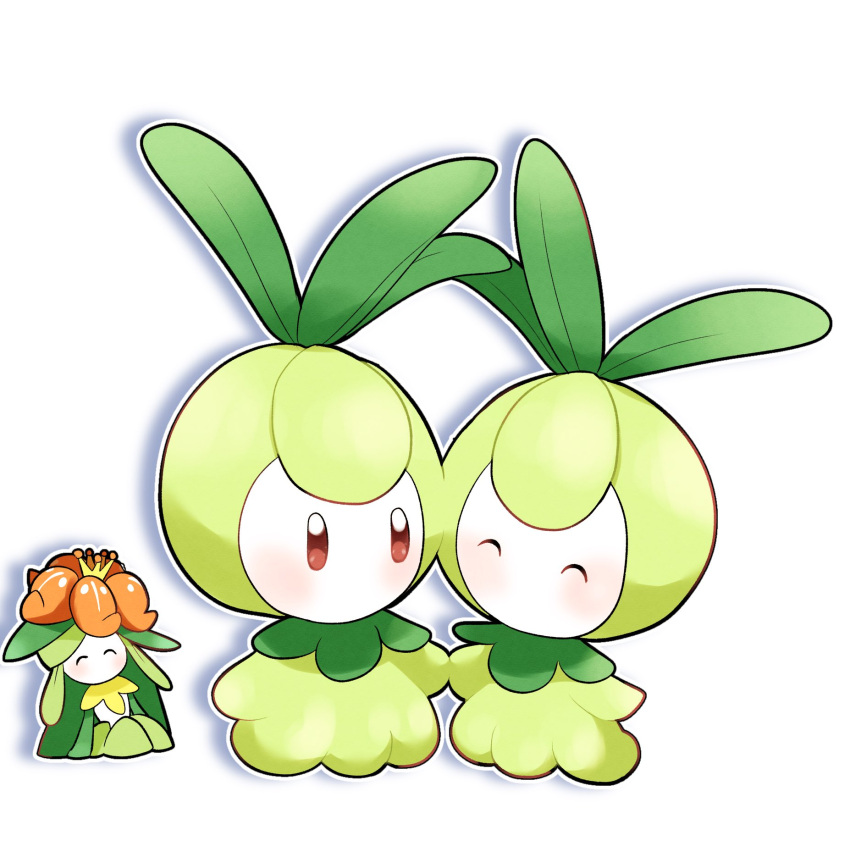 ^_^ aria_pkmn blush brown_eyes closed_eyes commentary_request evolutionary_line highres holding_hands lilligant looking_at_another outline petilil pokemon pokemon_(creature) white_background