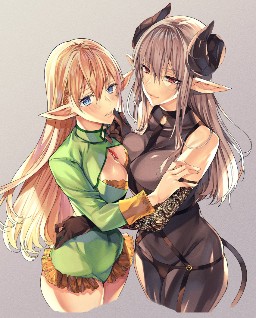 2girls black_bodysuit black_gloves blonde_hair blue_eyes bodysuit breasts collarbone eyebrows_visible_through_hair gloves green_leotard grey_background grey_hair hair_behind_ear hand_on_another's_hip hand_on_another's_mouth highres horns large_breasts leotard looking_at_viewer multiple_girls original parted_lips pointy_ears red_eyes shiosato_jun skirt smile yuri