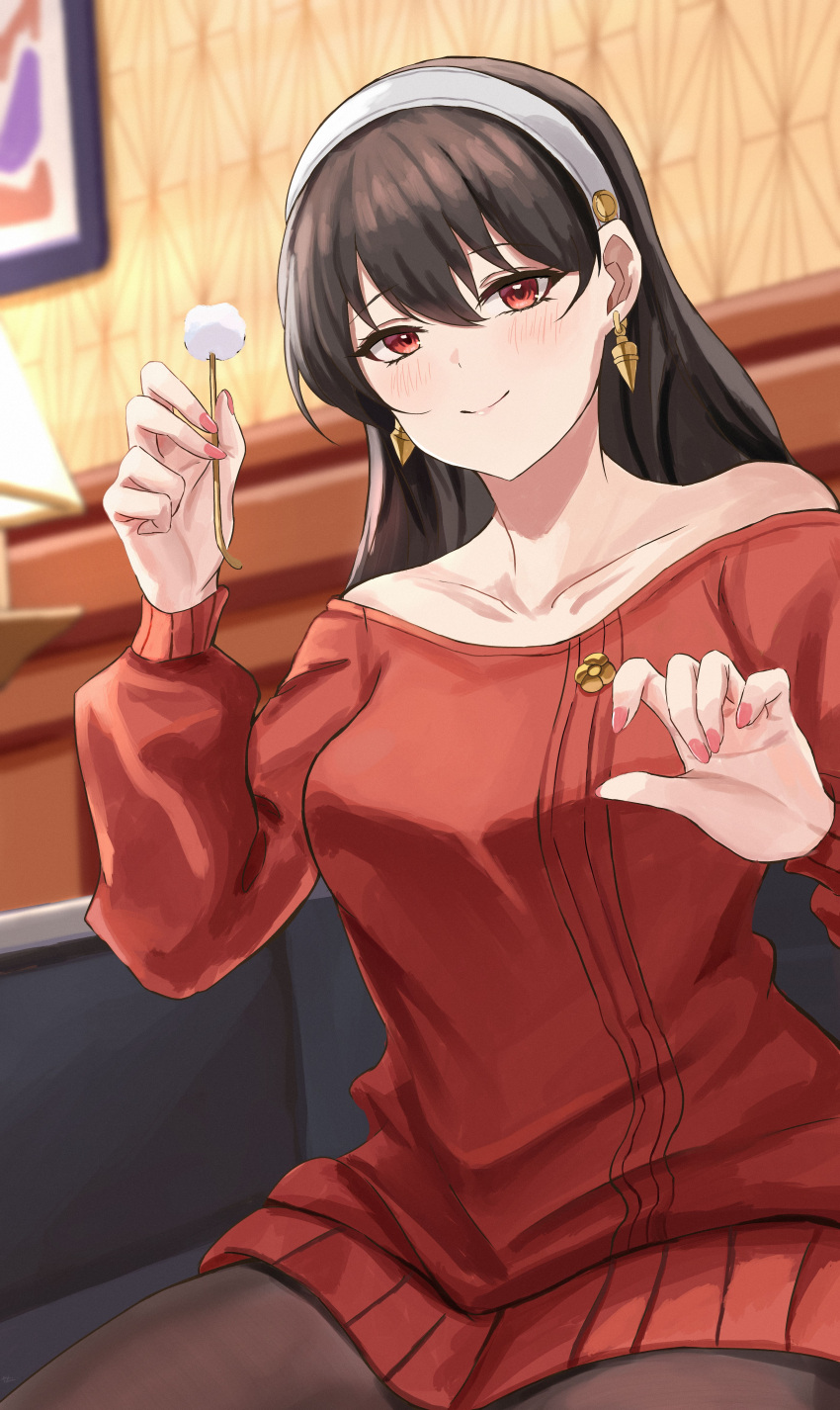 1girl absurdres bare_shoulders black_hair black_legwear blush breasts closed_mouth collarbone couch hairband hands_up highres indoors lamp looking_at_viewer mimikaki off-shoulder_sweater off_shoulder pink_nails red_eyes red_sweater sitting smile solo spy_x_family sweater white_hairband yato_(yama0x1) yor_briar