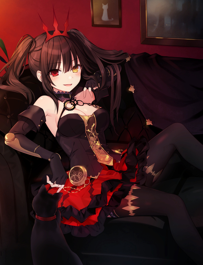 absurdres asymmetrical_hair black_hair breasts cat clock clock_eyes crown_hair_ornament date_a_live detached_sleeves fantasia_re:build hairband heterochromia high_heels highres medium_breasts non-web_source red_eyes symbol-shaped_pupils tokisaki_kurumi tsunako twintails uneven_twintails