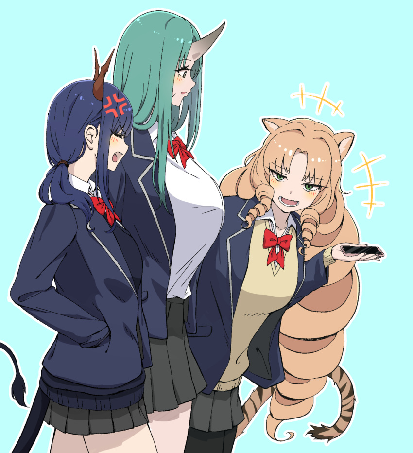 +++ 3girls alternate_costume anger_vein animal_ears arknights bangs black_legwear black_skirt black_sweater blazer blonde_hair blue_background blue_jacket blush bow bowtie breasts cellphone ch'en_(arknights) closed_eyes collared_shirt dragon_girl dragon_horns dragon_tail drill_hair eyebrows_visible_through_hair from_side green_eyes green_hair hand_in_pocket highres holding holding_phone horns hoshiguma_(arknights) huge_breasts jacket large_breasts long_hair low_ponytail makino miniskirt multiple_girls open_clothes open_jacket open_mouth pantyhose parted_bangs phone pleated_skirt red_bow red_bowtie ringlets shirt simple_background single_horn skin-covered_horns skirt smartphone sweater swire_(arknights) tail tiger_ears tiger_girl tiger_tail v-shaped_eyebrows very_long_hair white_shirt yellow_sweater