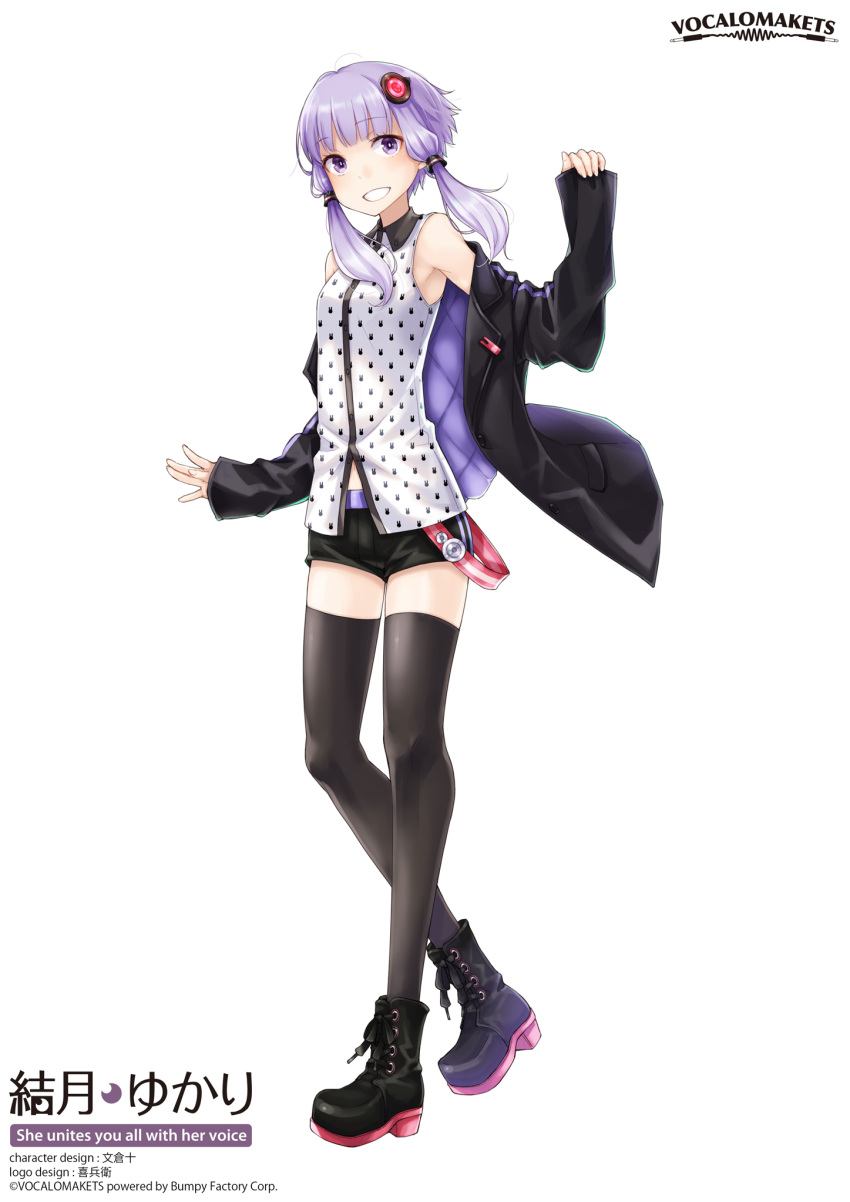 1girl a.i._voice animal_print ayakura_juu belt bike_shorts black_legwear boots bunny_print character_name company_name full_body hand_up high_heel_boots high_heels highres jacket looking_at_viewer official_art purple_hair shirt shorts sidelocks smile solo standing thigh-highs violet_eyes vocaloid voiceroid white_background yuzuki_yukari