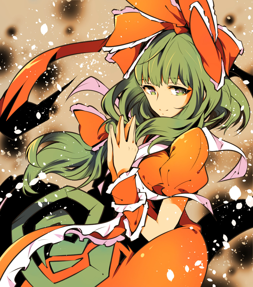 1girl absurdres bow closed_mouth dress frilled_bow frilled_ribbon frills front_ponytail green_eyes green_hair hair_bow hair_ribbon highres ichizen_(o_tori) kagiyama_hina long_hair one-hour_drawing_challenge puffy_short_sleeves puffy_sleeves red_bow red_dress red_ribbon ribbon short_sleeves smile solo touhou upper_body
