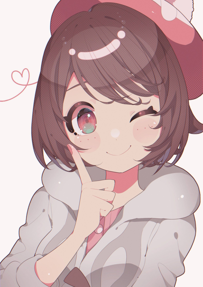 1girl ;) bangs blush_stickers bob_cut brown_eyes brown_hair buttons cable_knit cardigan closed_mouth collared_dress dress freckles gloria_(pokemon) grey_cardigan hand_up hat heart highres hooded_cardigan looking_at_viewer mo_(smileomoti) nail_polish one_eye_closed pink_dress pink_headwear pink_nails pokemon pokemon_(game) pokemon_swsh short_hair simple_background smile solo tam_o'_shanter upper_body white_background