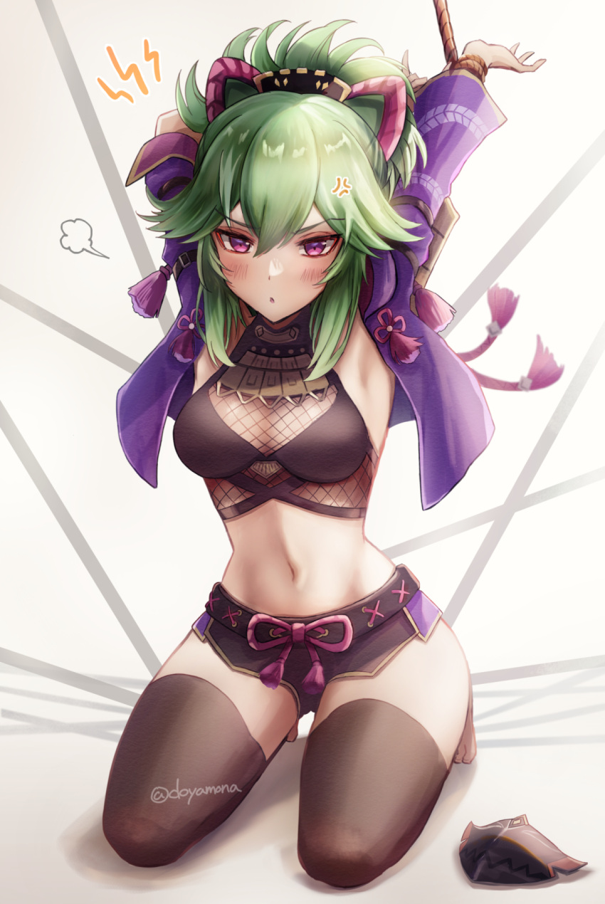 1girl anger_vein arms_up black_legwear black_mask blush bound bound_wrists breasts breath crop_top cropped_jacket doyamona genshin_impact green_hair hair_between_eyes hair_ornament highres jacket kneeling kuki_shinobu long_hair looking_at_viewer mask mask_removed midriff mouth_mask navel open_clothes open_jacket open_mouth ponytail purple_jacket restrained short_shorts shorts solo thigh-highs violet_eyes