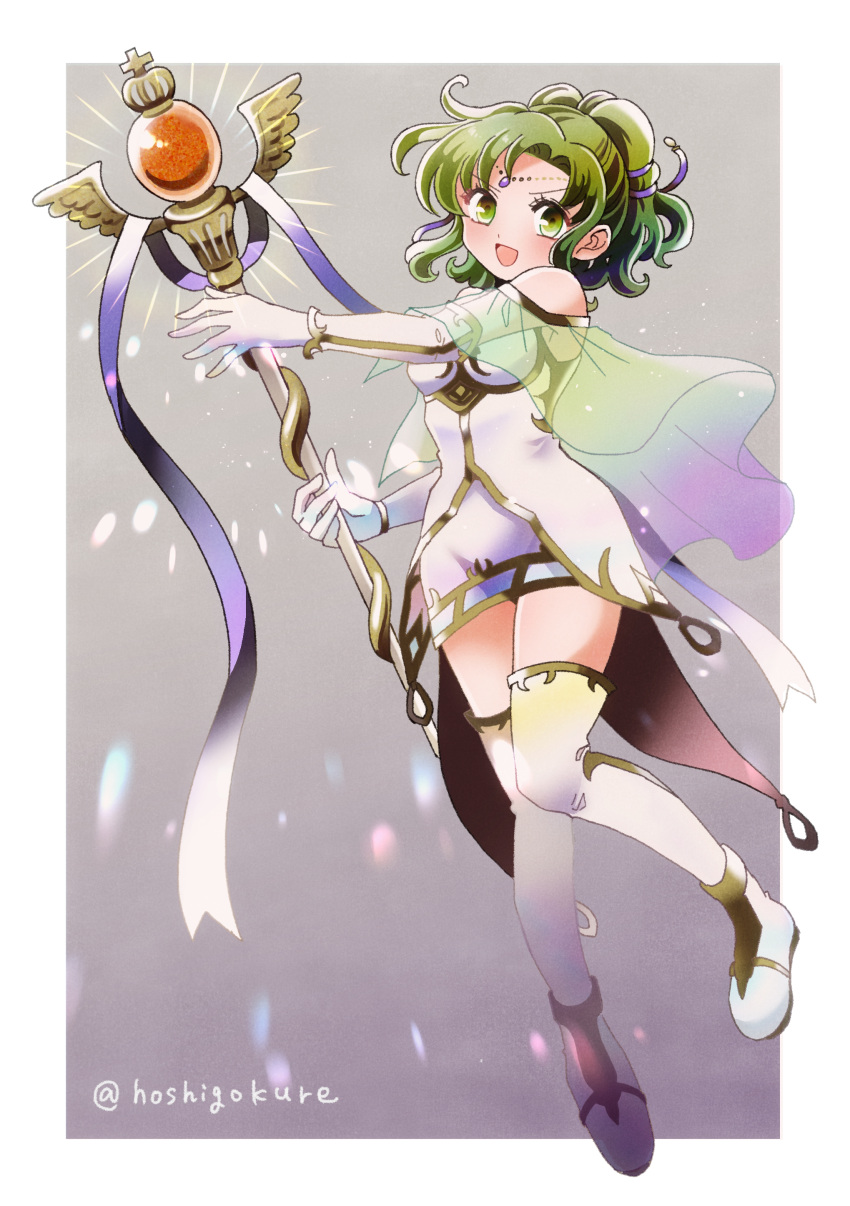 1girl :d absurdres bare_shoulders boots dress fire_emblem fire_emblem:_the_sacred_stones full_body green_eyes green_hair highres holding holding_staff hyogamazikichi l'arachel_(fire_emblem) looking_at_viewer open_mouth sleeveless sleeveless_dress smile solo staff thigh-highs thigh_boots twitter_username veil white_dress white_footwear