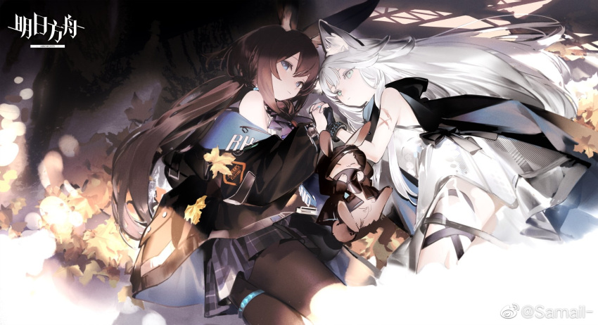 2girls amiya_(arknights) animal_ear_fluff animal_ears arknights artist_request bangs bare_shoulders blue_eyes brown_hair cat_ears cat_girl cloak closed_mouth dress fingerless_gloves gloves green_eyes highres holding_hands hood hooded_cloak infection_monitor_(arknights) jacket long_hair low_ponytail miniskirt multiple_girls off_shoulder pantyhose rabbit_ears rabbit_girl rosmontis_(arknights) skirt sleeveless sleeveless_dress stuffed_animal stuffed_bunny stuffed_toy thigh_strap white_hair