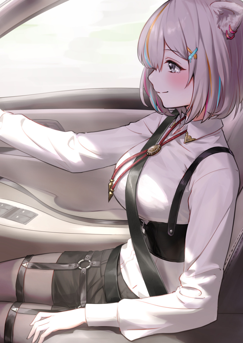 1girl absurdres animal_ears bangs black_shorts blonde_hair blue_hair blush breasts car_interior closed_mouth collared_shirt corset ear_piercing from_side grey_eyes grey_hair grey_legwear hair_ornament highres hololive large_breasts lion_ears long_sleeves looking_away multicolored_hair nemoto_yuuma pantyhose piercing purple_hair seatbelt shirt shishiro_botan short_hair shorts sitting smile solo streaked_hair virtual_youtuber white_shirt x_hair_ornament