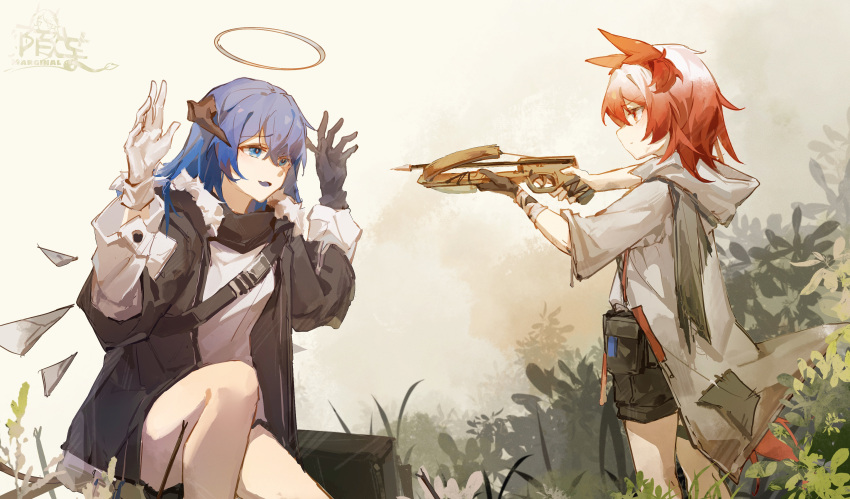 2girls absurdres aiming animal_ears arknights arrow_(projectile) artist_logo asymmetrical_gloves bird_ears black_gloves black_jacket black_scarf black_shorts black_wings blue_eyes blue_hair blue_tongue colored_tongue crossbow demon_girl demon_horns demon_tail detached_wings energy_wings eyebrows_visible_through_hair fiammetta_(arknights) gloves halo hands_up highres holding holding_crossbow holding_weapon hood hood_down hooded_shirt horns jacket leaf long_hair mismatched_gloves mostima_(arknights) moyu_marginal multiple_girls one_knee open_clothes open_jacket open_mouth red_eyes redhead scarf shirt short_hair shorts single_glove standing tail weapon white_gloves white_shirt wings younger