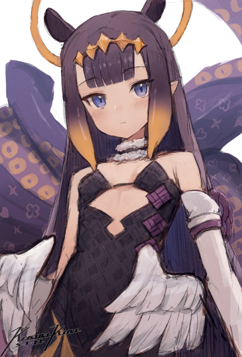 1girl animal_ears bangs bare_shoulders black_dress blue_eyes blunt_bangs blush closed_mouth dated detached_sleeves dress eyebrows_visible_through_hair feathered_wings flat_chest gradient_hair halo highres hololive hololive_english long_hair long_sleeves looking_at_viewer multicolored_hair neck_garter ninomae_ina'nis orange_hair pointy_ears punished_pigeon purple_hair signature simple_background single_detached_sleeve solo strapless strapless_dress tentacle_hair tentacles upper_body virtual_youtuber white_background white_wings wings
