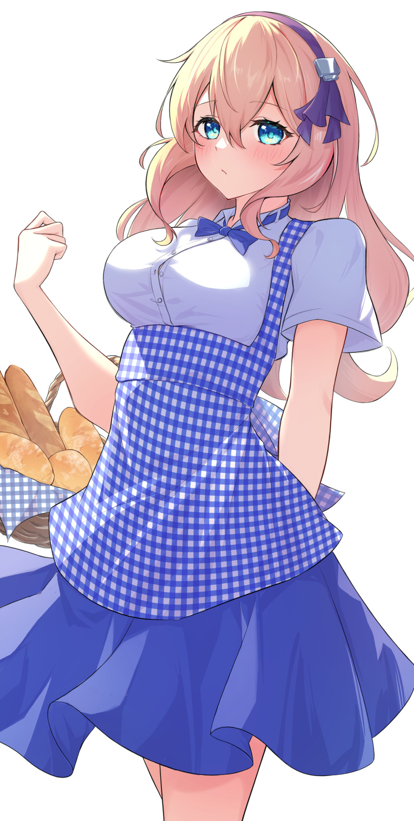 1girl absurdres azur_lane basket blonde_hair blue_bow blue_bowtie blue_eyes blush bow bowtie bread breasts checkered_clothes cocoablue23 cowboy_shot dress eyebrows_visible_through_hair food frown hair_between_eyes hairband hand_up highres holding holding_basket leander_(azur_lane) long_hair looking_at_viewer medium_breasts partially_unbuttoned picnic_basket purple_hairband shirt shirt_under_dress short_sleeves simple_background sundress thighs wavy_hair white_background white_shirt