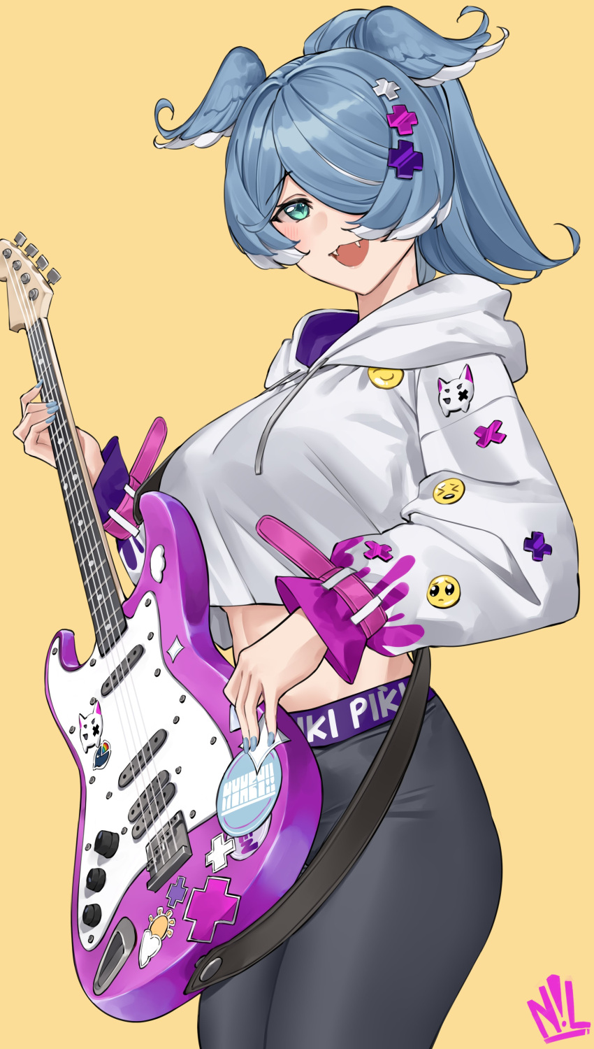 1girl absurdres black_pants blue_eyes blue_hair blush breasts cropped_hoodie elira_pendora fangs from_side guitar hair_over_one_eye head_wings highres holding holding_instrument hood hoodie instrument large_breasts logo nijisanji nijisanji_en nillith one_eye_covered open_mouth pants pien pikl_(elira_pendora) ponytail smile solo sticker virtual_youtuber white_hoodie yellow_background yoga_pants