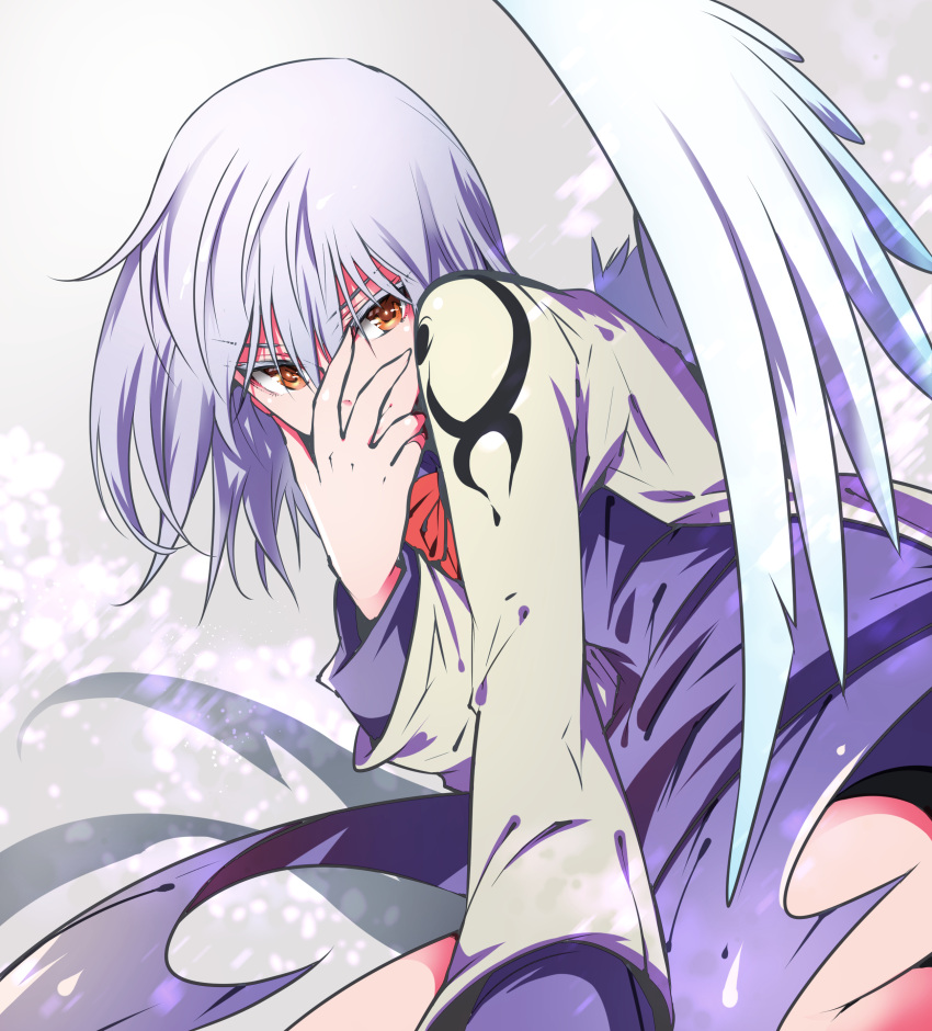 1girl absurdres closed_mouth covering_mouth dress eyebrows_visible_through_hair feathered_wings hair_between_eyes highres ichizen_(o_tori) jacket kishin_sagume long_sleeves one-hour_drawing_challenge orange_eyes purple_dress short_hair single_wing solo touhou white_hair white_jacket white_wings wings