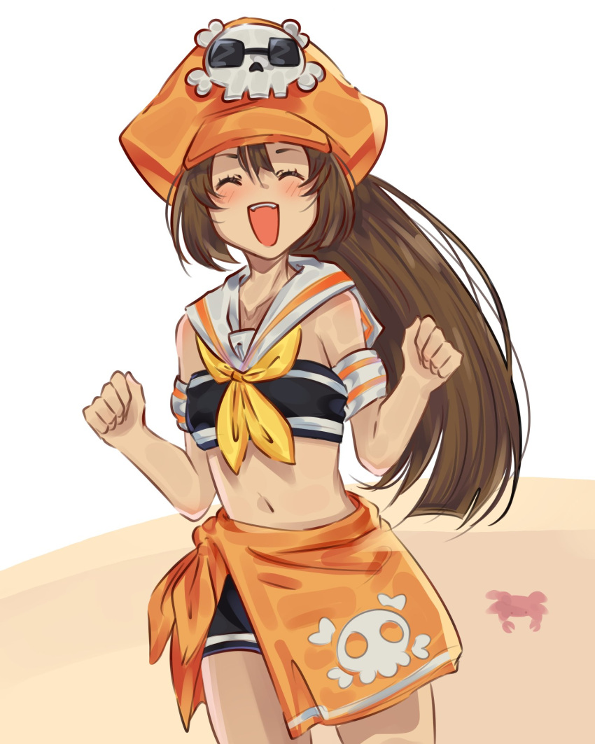 1girl brown_hair closed_eyes facing_viewer guilty_gear guilty_gear_strive hat highres long_hair may_(guilty_gear) midriff mil17459623 navel pirate_hat running skull_and_crossbones straight_hair summer swimsuit