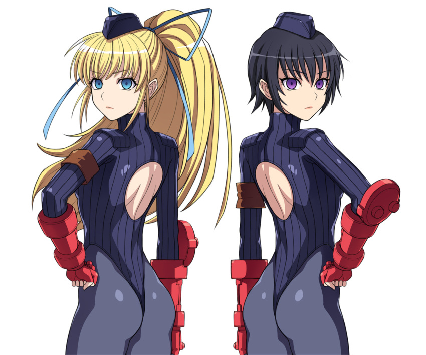 2girls ass black_hair black_headwear black_leotard blonde_hair blue_eyes commentary_request corruption cosplay cowboy_shot dark_persona fingerless_gloves from_behind garrison_cap gloves grey_legwear hai_(h81908190) hair_ribbon hand_on_hip hat highleg highleg_leotard leotard lilith_aileron long_hair looking_at_viewer multiple_girls pantyhose pink_headwear ponytail red_gloves ribbed_leotard ribbon rutee_katrea shadaloo_dolls short_hair simple_background street_fighter street_fighter_zero_(series) tales_of_(series) tales_of_destiny thong_leotard very_short_hair violet_eyes white_background