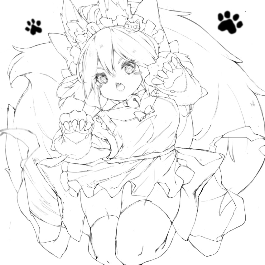 1girl 4a_11_03 animal_ears animal_hands apron bell cat_hair_ornament cat_paws fate/extra fate/extra_ccc fate/grand_order fate_(series) fox_ears fox_girl fox_tail gloves hair_ornament hairclip highres lineart neck_bell paw_gloves solo tail tamamo_(fate) tamamo_cat_(fate) white_background