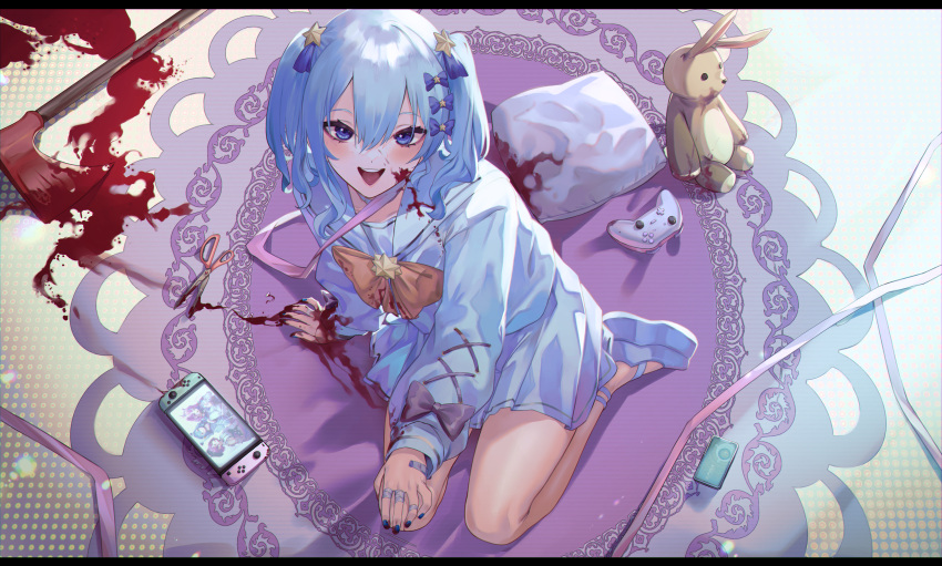 1girl :d absurdres bandaid bandaid_on_hand bangs bare_legs blood blood_on_axe blood_on_clothes blood_on_face blood_on_hands blood_splatter blue_eyes blue_footwear blue_hair blue_nails blue_sailor_collar blue_shirt blue_skirt bow bowtie cellphone_picture controller eredhen from_above full_body game_controller hair_between_eyes hair_bow hair_ornament hair_ribbon highres hololive hoshimachi_suisei long_sleeves looking_at_viewer minato_aqua nail_polish nintendo_switch pillow ribbon sailor_collar scissors shirt shoes skirt smile solo star_(symbol) star_hair_ornament star_in_eye stuffed_animal stuffed_bunny stuffed_toy symbol_in_eye teeth tokoyami_towa twintails upper_teeth virtual_youtuber yellow_bow yellow_bowtie