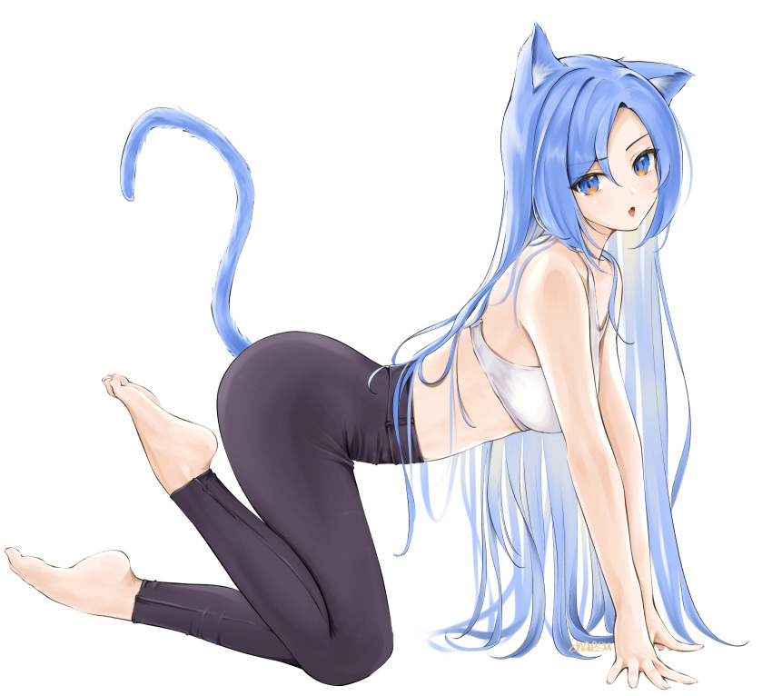 1girl :o all_fours animal_ears bare_arms bare_shoulders barefoot black_pants blue_eyes blue_hair breasts cat_ears cat_tail chaesu commentary crop_top eyebrows_visible_through_hair highres kemonomimi_mode leggings long_hair looking_at_viewer medium_breasts midriff minah_(chaesu) open_mouth original pants simple_background solo sports_bra symbol-only_commentary tail very_long_hair white_background