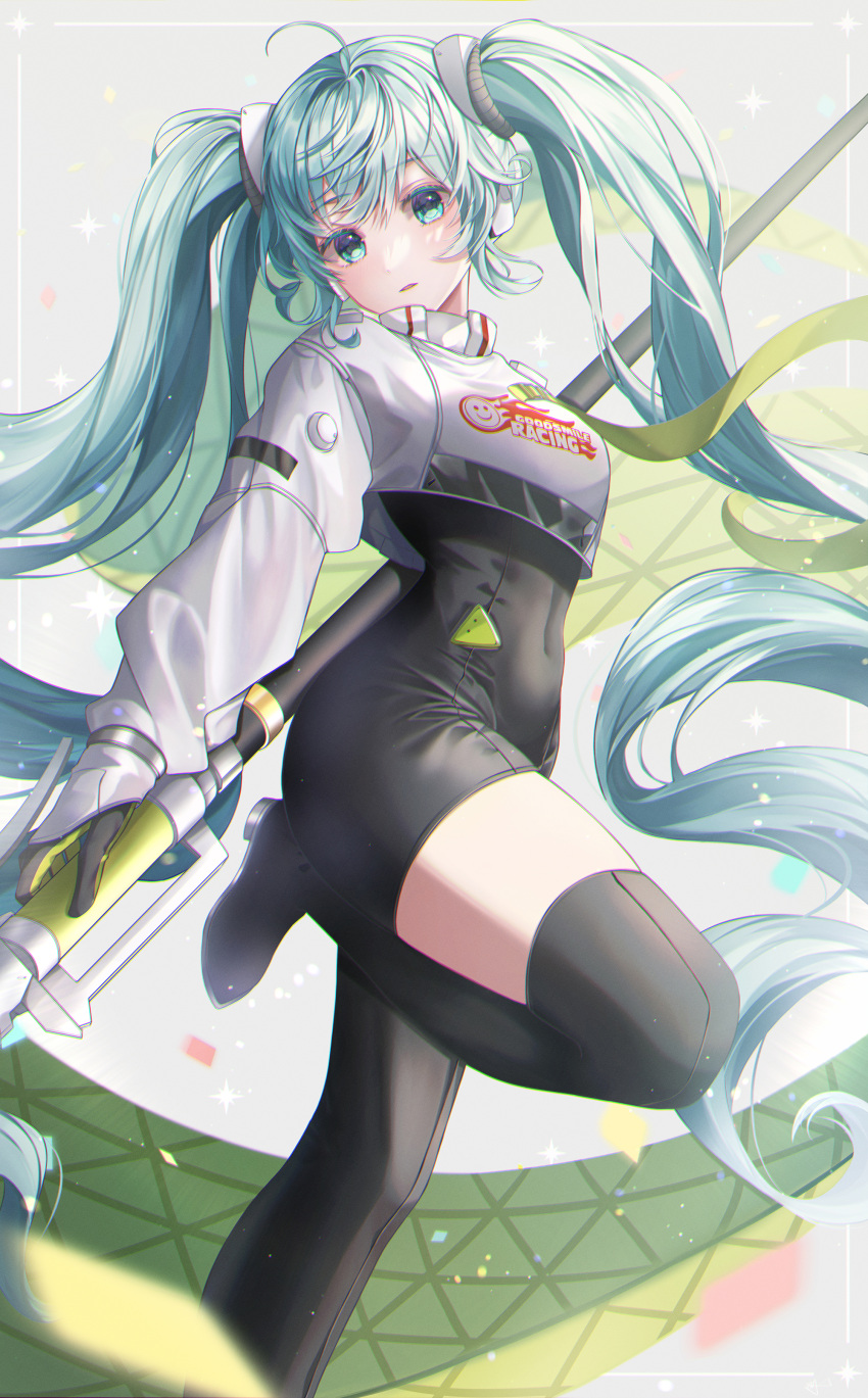 1girl absurdres aqua_eyes aqua_hair asymmetrical_bodysuit black_bodysuit bodysuit boots covered_navel crop_top crop_top_overhang cropped_jacket flag flagpole flame_print goodsmile_racing hasu_(selisa) hatsune_miku highres holding holding_flag holding_pole long_hair long_sleeves navel pole racing_miku racing_miku_(2022) single_thigh_boot smiley_face standing standing_on_one_leg thigh-highs thigh_boots twintails two-tone_gloves very_long_hair vocaloid