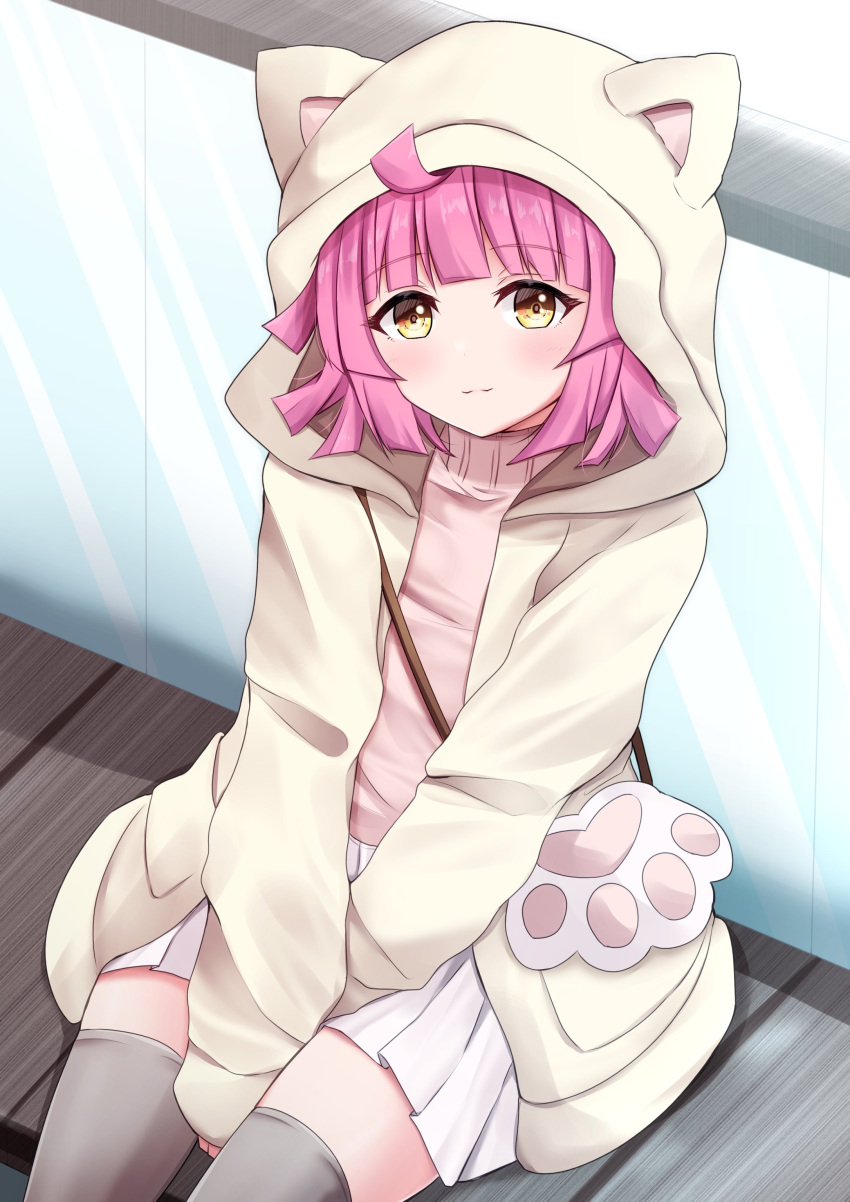 absurdres ahoge animal_hood bangs between_legs blush cat_hood cat_paw commentary_request eyebrows_visible_through_hair glass grey_legwear hand_between_legs highres hood hooded_jacket jacket kamesys light_brown_jacket long_sleeves looking_at_viewer love_live! love_live!_nijigasaki_high_school_idol_club open_clothes open_jacket pink_hair pink_sweater pleated_skirt short_hair sitting skirt smile solo sweater tennouji_rina thigh-highs turtleneck white_skirt yellow_eyes