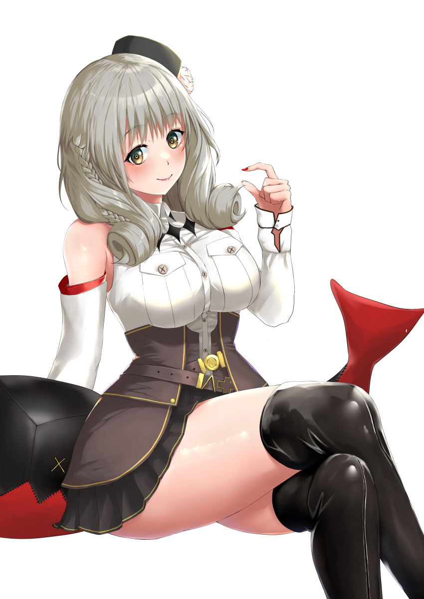 1girl absurdres arm_behind_back azur_lane bangs black_footwear black_headwear black_skirt blush boots braid breasts closed_mouth crossed_legs drill_locks eyebrows_visible_through_hair feet_out_of_frame grey_eyes grey_hair highres lips long_hair looking_at_viewer lutzow_(azur_lane) medium_breasts nail_polish ojisan_f red_nails rubber_boots shirt sitting skirt smile solo thigh-highs thigh_boots thighs white_background white_shirt