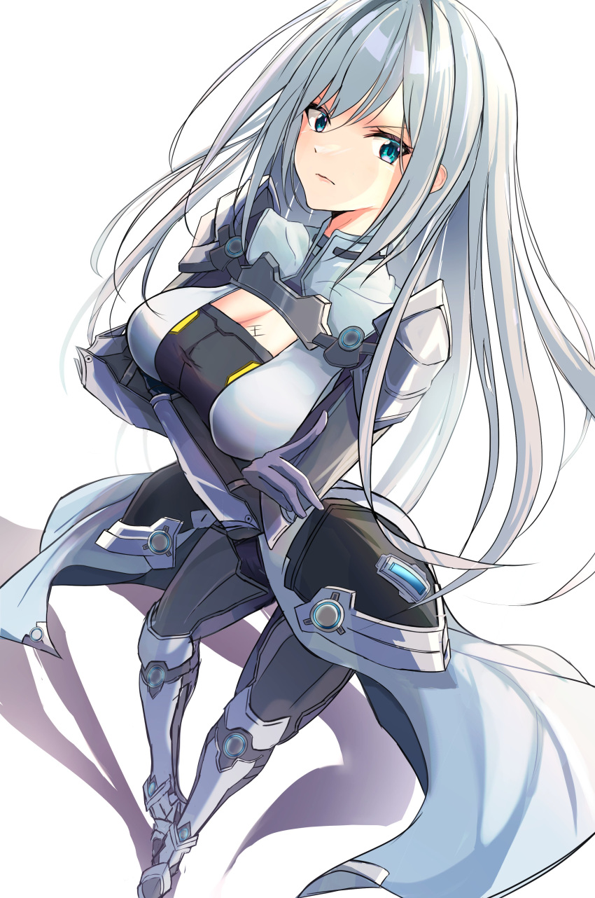 1girl absurdres armor bangs blue_eyes breast_tattoo breasts cleavage_cutout closed_mouth clothing_cutout commentary_request crossed_arms ethel_(xenoblade) full_body highres karuushi large_breasts long_hair looking_at_viewer shoulder_armor solo standing tattoo very_long_hair white_background xenoblade_chronicles_(series) xenoblade_chronicles_3