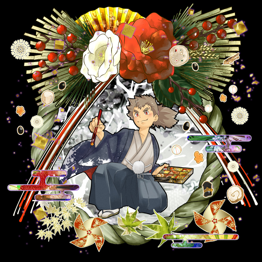 1boy absurdres brown_hair commentary dark-skinned_male dark_skin egasumi flower hakama haori haori_himo highres japanese_clothes kidomh63 kimono leaf looking_at_viewer male_focus maple_leaf musashi_(housamo) omelet osechi pinwheel ponytail shimekazari tabi tamagoyaki thick_eyebrows tokyo_afterschool_summoners