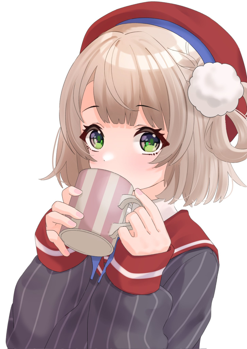 1girl bangs blunt_bangs blush braid brown_hair covered_mouth cup drinking green_eyes gumi_lilk hair_ornament hair_rings hat highres holding holding_cup indie_virtual_youtuber long_sleeves looking_at_viewer mug pom_pom_(clothes) pom_pom_hair_ornament ribbon sailor_collar shigure_ui_(vtuber) short_hair sleeves_past_wrists solo virtual_youtuber