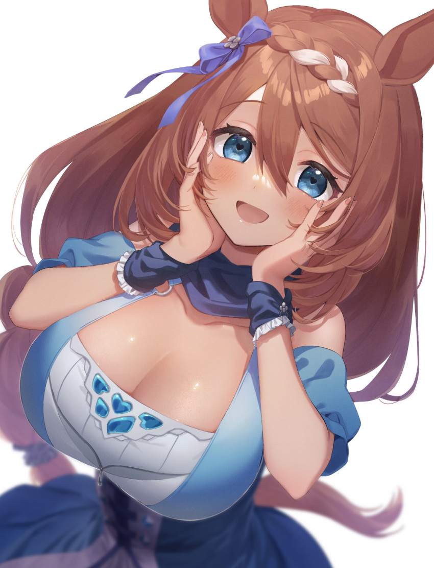 1girl animal_ears bangs bare_shoulders blue_dress blue_eyes blurry braid breasts brown_hair commentary dress ear_ribbon eyebrows_visible_through_hair frills hair_between_eyes hands_on_own_cheeks hands_on_own_face hands_up heart heart-shaped_pupils highres horse_ears horse_tail large_breasts long_hair looking_at_viewer multicolored_hair nu_tarou_(tr84635391) open_mouth shiny shiny_hair shiny_skin simple_background smile solo super_creek_(umamusume) symbol-shaped_pupils tail umamusume